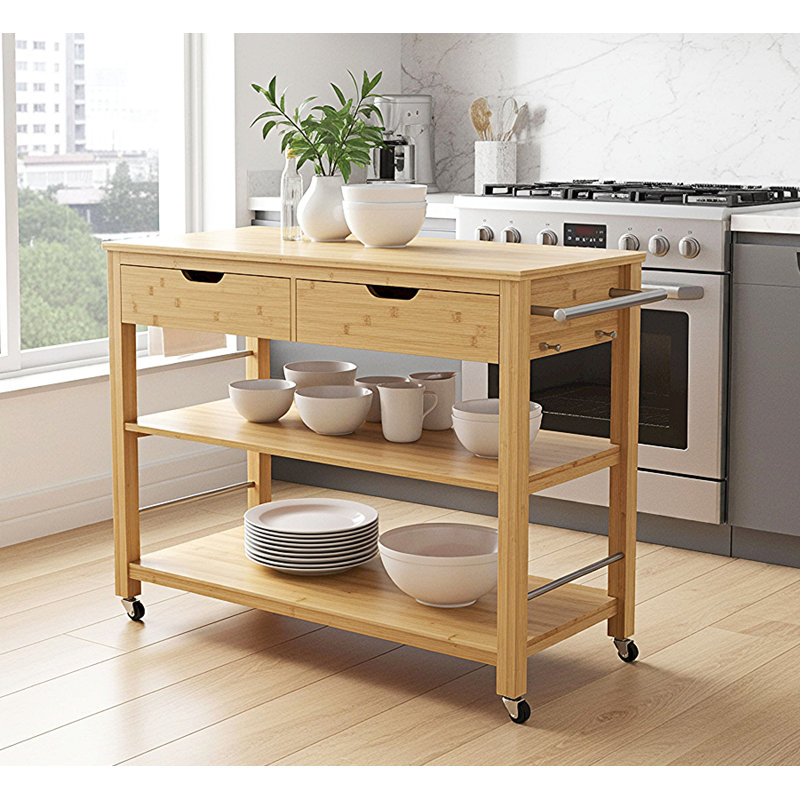 Latitude Run® Solid Bamboo Kitchen Cart 2 Drawer 2 Shelf | Wayfair